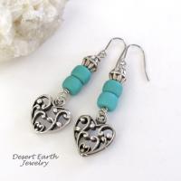Silver Tone Pewter Filigree Heart Earrings with Turquoise Colored Beads - Romantic Jewelry Gift