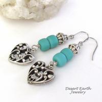 Silver Tone Pewter Filigree Heart Earrings with Turquoise Colored Beads - Romantic Jewelry Gift