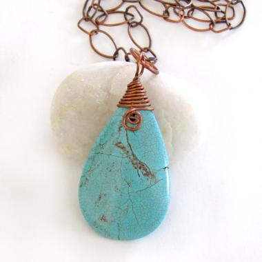 Wire Wrapped Turquoise Magnesite Stone Pendant on Copper Chain Necklace - Artisan Handmade Boho Chic Earthy Stone Jewelry