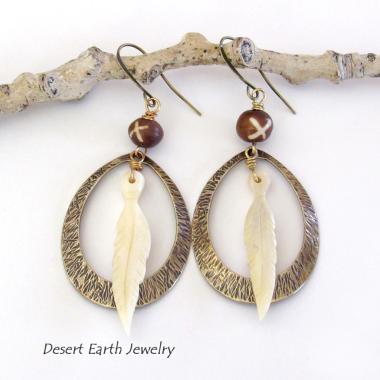 Rustic Textured Brass Hoop Earrings with Bone Feather Dangles and African Batik Bone Beads