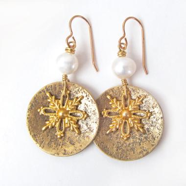 Gold Brass Snowflake Earrings with White Freshwater Pearls - Christmas Holiday Jewelry