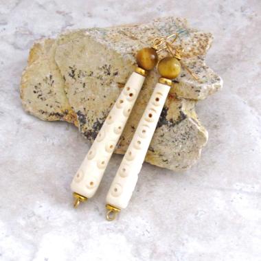 Long African Carved Bone Earrings with Golden Brown Tiger's Eye Gemstones