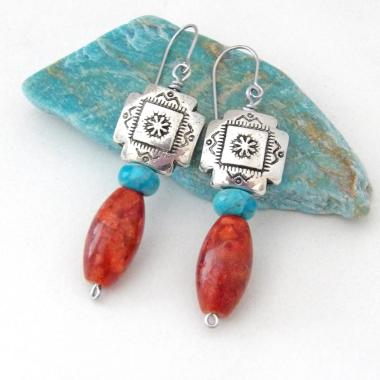Southwest Silver Tribal Cross Earrings with Turquoise & Red Coral - Native Style Southwestern Jewelry