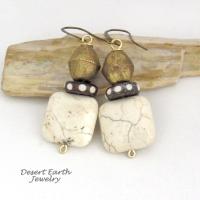 African Brass Tribal Earrings with Batik Bone Beads and Magnesite Stones - Bohemian Ethnic Afrocentric Style Jewelry