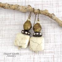 African Brass Tribal Earrings with Batik Bone Beads and Magnesite Stones - Bohemian Ethnic Afrocentric Style Jewelry