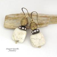 African Brass Tribal Earrings with Batik Bone Beads and Magnesite Stones - Bohemian Ethnic Afrocentric Style Jewelry