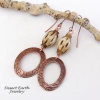 Boho Copper Dangle Earrings wtih African Carved Bone Beads - Bohemian Ethnic Tribal Style Jewelry