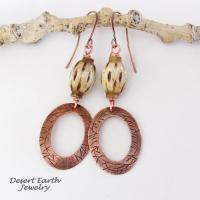 Boho Copper Dangle Earrings wtih African Carved Bone Beads - Bohemian Ethnic Tribal Style Jewelry