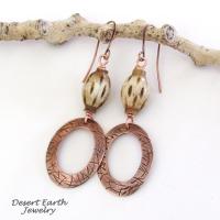 Boho Copper Dangle Earrings wtih African Carved Bone Beads - Bohemian Ethnic Tribal Style Jewelry