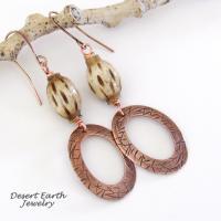 Boho Copper Dangle Earrings wtih African Carved Bone Beads - Bohemian Ethnic Tribal Style Jewelry