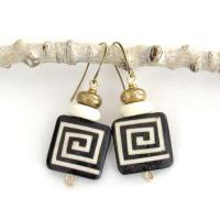 African Batik Bone Earrings with Greek Key Pattern - Bohemian Boho Ethnic Tribal Afrocentric Style Handmade Fashion Jewelry