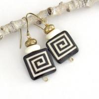 African Batik Bone Earrings with Greek Key Pattern - Bohemian Boho Ethnic Tribal Afrocentric Style Handmade Fashion Jewelry