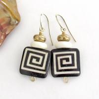 African Batik Bone Earrings with Greek Key Pattern - Bohemian Boho Ethnic Tribal Afrocentric Style Handmade Fashion Jewelry