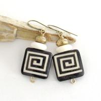 African Batik Bone Earrings with Greek Key Pattern - Bohemian Boho Ethnic Tribal Afrocentric Style Handmade Fashion Jewelry