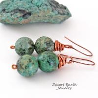 African Turquoise Jasper Stone Earrings Wire Wrapped in Copper - Natural Earthy Boho Style Gemstone Jewelry 