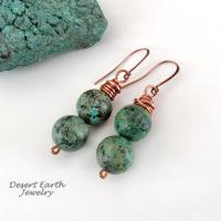 African Turquoise Jasper Stone Earrings Wire Wrapped in Copper - Natural Earthy Boho Style Gemstone Jewelry 