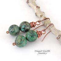 African Turquoise Jasper Stone Earrings Wire Wrapped in Copper - Natural Earthy Boho Style Gemstone Jewelry 