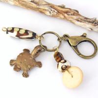 Tribal Purse Charm / Keychain with Vintage African Brass Turtle & Batik Bone Beads