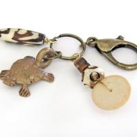 Tribal Purse Charm / Keychain with Vintage African Brass Turtle & Batik Bone Beads