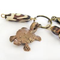 Tribal Purse Charm / Keychain with Vintage African Brass Turtle & Batik Bone Beads