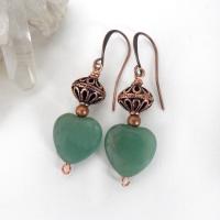Small and petite, yet full of dainty romantic charm - these handmade earrings feature green aventurine gemstones accented with solid copper filigree beads and tiny copper beads. They'll make the perfect gift for someone special - a wonderful way to say "I love you" on Valentine's Day or any day! Makes a great gift for couples celebrating their 7th wedding anniversary - copper is the traditional choice for this occasion. Earrings are lightweight and comfortable to wear. Handmade in the USA by Desert Earth Je