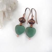 Small and petite, yet full of dainty romantic charm - these handmade earrings feature green aventurine gemstones accented with solid copper filigree beads and tiny copper beads. They'll make the perfect gift for someone special - a wonderful way to say "I love you" on Valentine's Day or any day! Makes a great gift for couples celebrating their 7th wedding anniversary - copper is the traditional choice for this occasion. Earrings are lightweight and comfortable to wear. Handmade in the USA by Desert Earth Je
