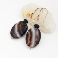Black and Orange Banded Agate Gemstone Earrings with Black Onyx and Crystal Beads