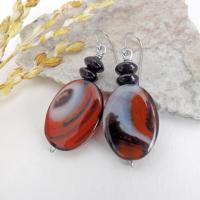 Banded Agate Gemstone Dangle Earrings with Black Onyx - One of a Kind Natural Stone Jewelry