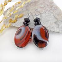 Banded Agate Gemstone Dangle Earrings with Black Onyx - One of a Kind Natural Stone Jewelry