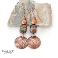 Round Copper Dangle Earrings with Brown Black Jasper Stones & Copper Beads - Handmade Modern Boho Style Jewelry