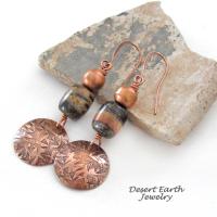 Round Copper Dangle Earrings with Brown Black Jasper Stones & Copper Beads - Handmade Modern Boho Style Jewelry