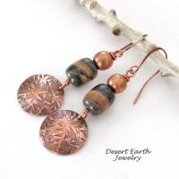 Round Copper Dangle Earrings with Brown Black Jasper Stones & Copper Beads - Handmade Modern Boho Style Jewelry