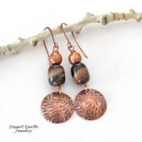 Round Copper Dangle Earrings with Brown Black Jasper Stones & Copper Beads - Handmade Modern Boho Style Jewelry