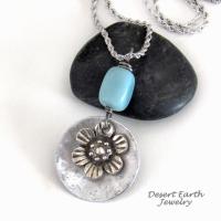 Silver Pewter Flower Pendant with Peruvian Blue Opal Stone on Stainless Steel Necklace - Floral Jewelry Gifts for Women