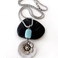 Silver Pewter Flower Pendant with Peruvian Blue Opal Stone on Stainless Steel Necklace - Floral Jewelry Gifts for Women