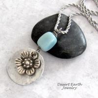 Silver Pewter Flower Pendant with Peruvian Blue Opal Stone on Stainless Steel Necklace - Floral Jewelry Gifts for Women