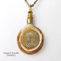 African Carved Bone & Embossed Gold Brass Pendant Necklace - Ethnic Boho Tribal African Style Jewelry for Men or Women