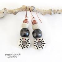 Boho Tribal Dangle Earrings with Copper, Wood & Carved African Bone & Glass Beads