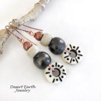 Boho Tribal Dangle Earrings with Copper, Wood & Carved African Bone & Glass Beads