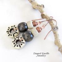 Boho Tribal Dangle Earrings with Copper, Wood & Carved African Bone & Glass Beads