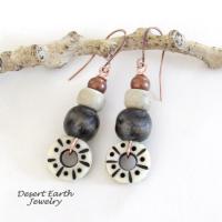 Boho Tribal Dangle Earrings with Copper, Wood & Carved African Bone & Glass Beads