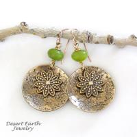 Gold Brass Dangle Earrings with Flower Charms & Green Serpentine Stones - Nature Jewelry Gifts for Women