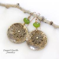 Gold Brass Dangle Earrings with Flower Charms & Green Serpentine Stones - Nature Jewelry Gifts for Women