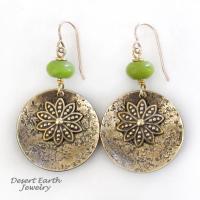 Gold Brass Dangle Earrings with Flower Charms & Green Serpentine Stones - Nature Jewelry Gifts for Women