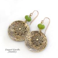 Gold Brass Dangle Earrings with Flower Charms & Green Serpentine Stones - Nature Jewelry Gifts for Women