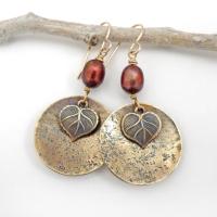 Gold Brass Earrings with Leaf Charms and Bronze Pearls - Earthy Nature Jewelry