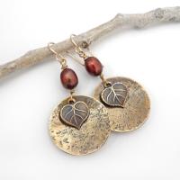 Gold Brass Earrings with Leaf Charms and Bronze Pearls - Earthy Nature Jewelry