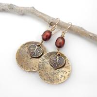 Gold Brass Earrings with Leaf Charms and Bronze Pearls - Earthy Nature Jewelry