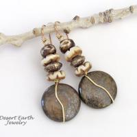 Brown Bronzite Stone Earrings with African Carved Bone & Brass Beads - Earthy Natural Boho Style Jewelry