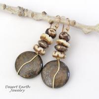 Brown Bronzite Stone Earrings with African Carved Bone & Brass Beads - Earthy Natural Boho Style Jewelry